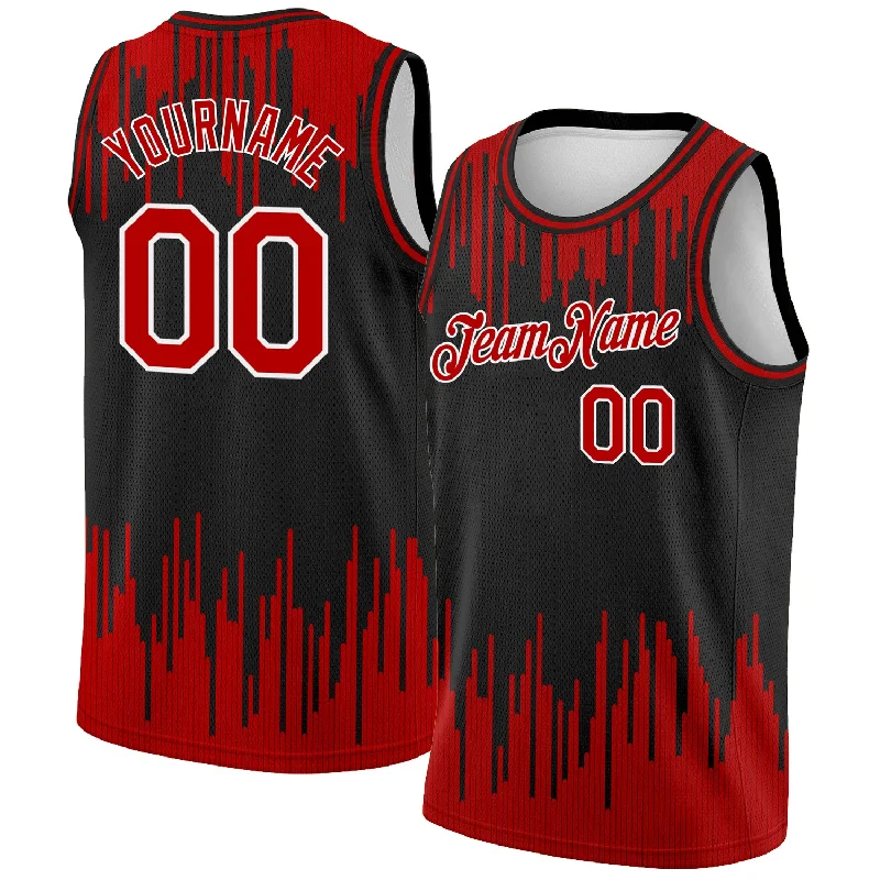 High School Basketball Jersey-Custom Black Red-White Abstract Vertical Lines Authentic City Edition Basketball Jersey