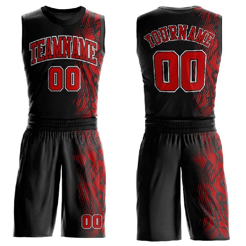 Basketball Jersey with Mesh Sleeves-Custom Black Red-White Round Neck Sublimation Basketball Suit Jersey