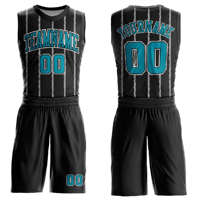 Basketball Jersey for Coaches-Custom Black Teal-White Round Neck Sublimation Basketball Suit Jersey