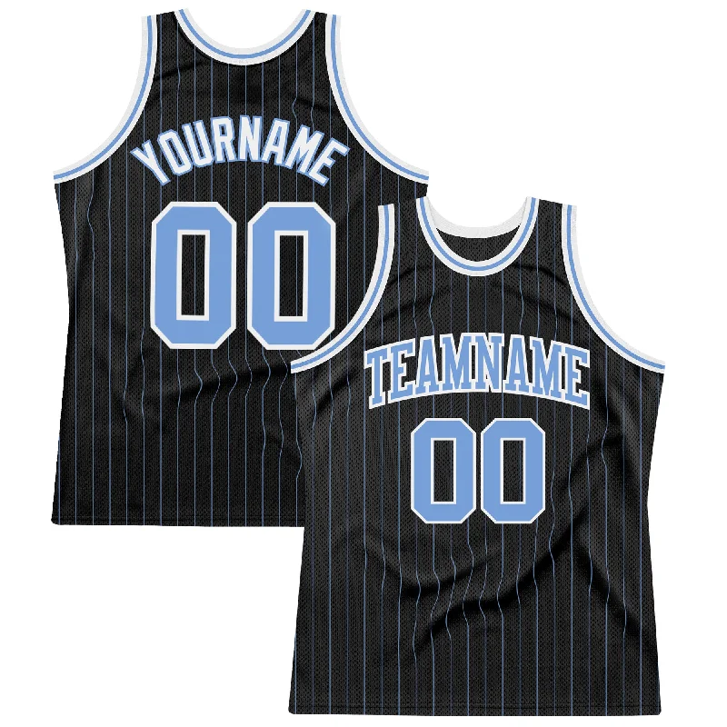 Basketball Jersey with Mesh Design-Custom Black Light Blue Pinstripe Light Blue-White Authentic Basketball Jersey