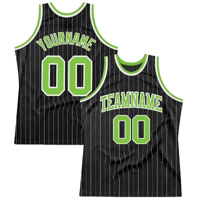 Basketball Jersey with Custom Player Numbers-Custom Black White Pinstripe Neon Green-White Authentic Basketball Jersey