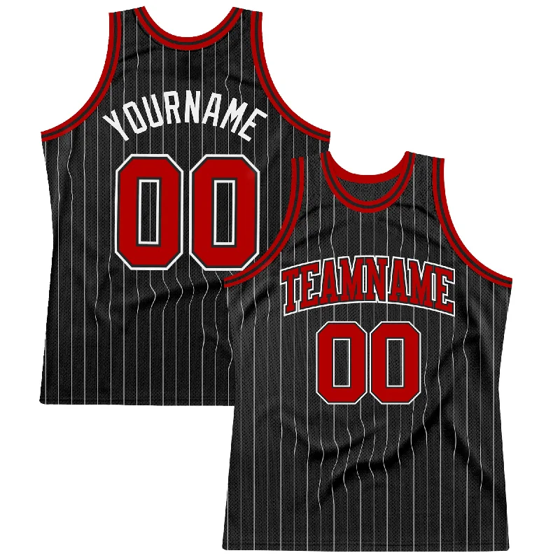 Basketball Jersey for Group Orders-Custom Black White Pinstripe Red-White Authentic Basketball Jersey