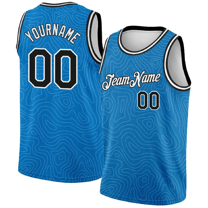 Basketball Jersey with Custom Sleeve Design-Custom Blue Black-White Rounded Zig Zag Lines Authentic City Edition Basketball Jersey