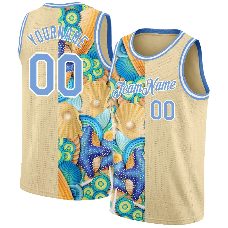 Basketball Jersey with Cool Color Scheme-Custom City Cream Light Blue-White 3D Pattern Beach Seashells And Starfishes Authentic Basketball Jersey