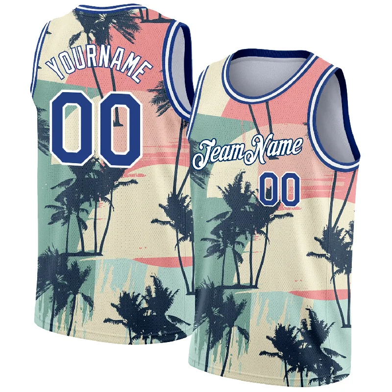 Basketball Jersey with Striped Sleeves-Custom Cream Royal-White 3D Pattern Tropical Hawaii Trees Authentic Basketball Jersey