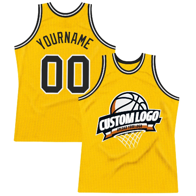 Basketball Jersey with Snap Button-Custom Gold Black-White Authentic Throwback Basketball Jersey