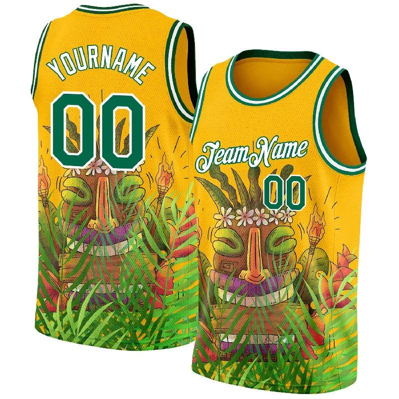 Custom Basketball Jersey with Number-Custom Gold Kelly Green-White 3D Pattern Cartoon Tropical Hawaii Rainforest Authentic Basketball Jersey