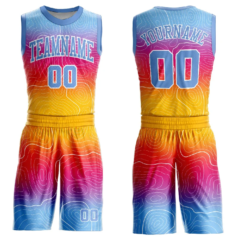 Basketball Jersey with Long Sleeves-Custom Gold Light Blue-White Round Neck Sublimation Basketball Suit Jersey