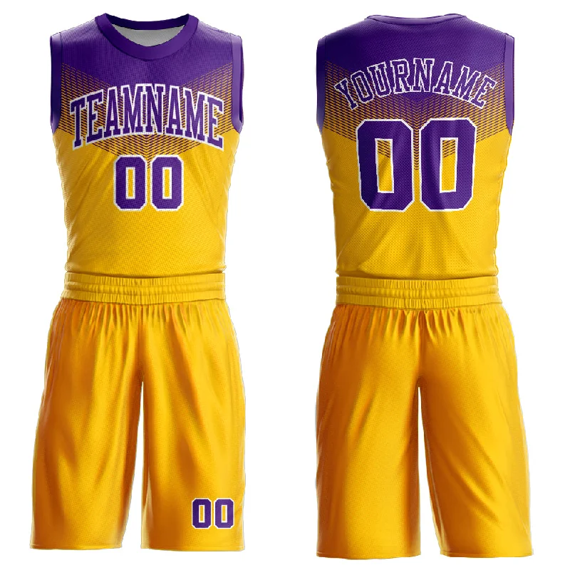 Basketball Jersey with Personalized Patch-Custom Gold Purple-White Round Neck Sublimation Basketball Suit Jersey