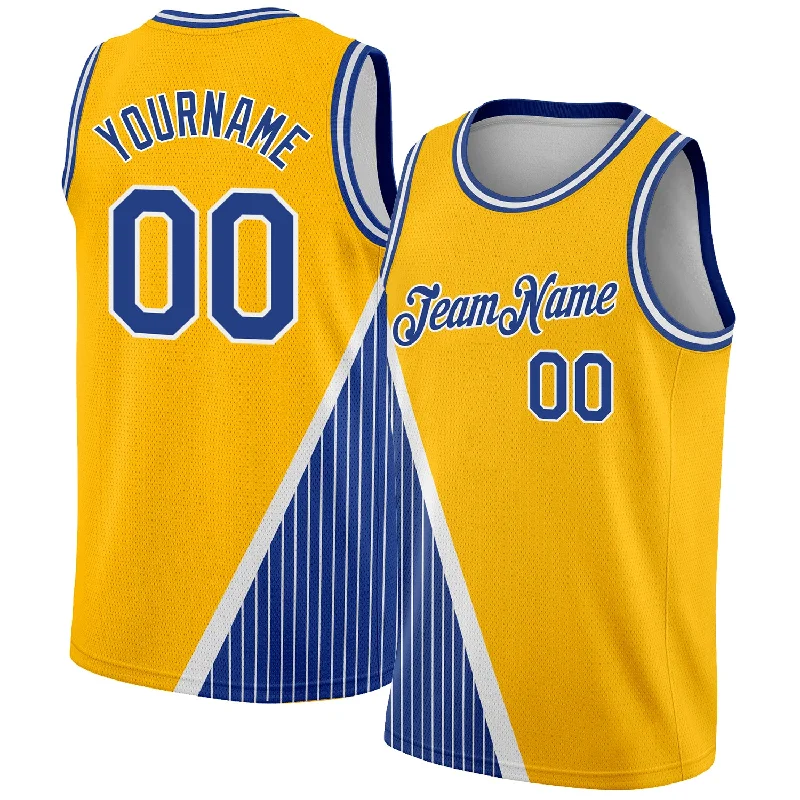 Basketball Jersey for Local Club-Custom Gold Royal-White Triangle Pinstripes Authentic City Edition Basketball Jersey