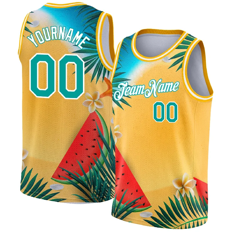 Basketball Jersey for Amateur Teams-Custom Gold Teal-White 3D Pattern Tropical Beach Hawaii Palm Trees Authentic Basketball Jersey