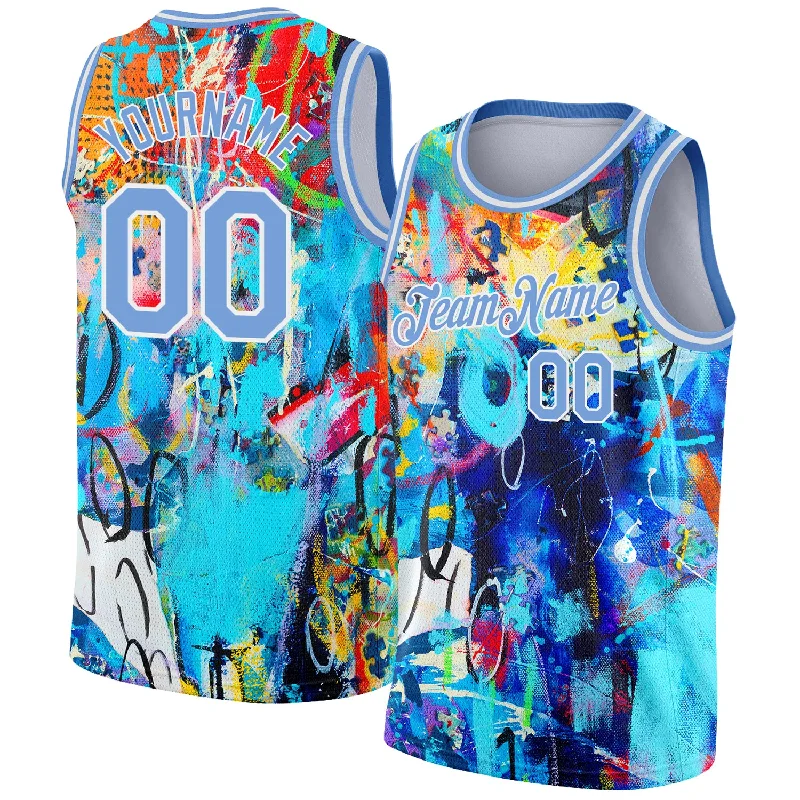 Custom Basketball Jersey with Mesh Panels-Custom Graffiti Pattern Light Blue-White 3D Grunge Art Authentic Basketball Jersey