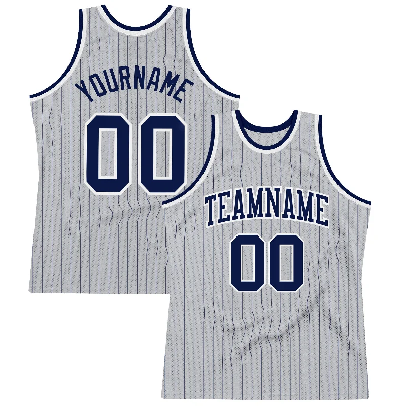 Basketball Jersey with Custom Emblems-Custom Gray Navy Pinstripe Navy-White Authentic Basketball Jersey