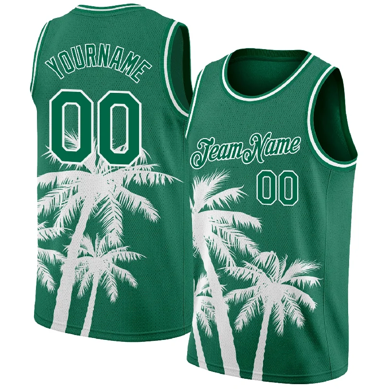 Basketball Jersey for Away Uniforms-Custom Kelly Green White 3D Pattern Tropical Hawaii Coconut Trees Authentic Basketball Jersey