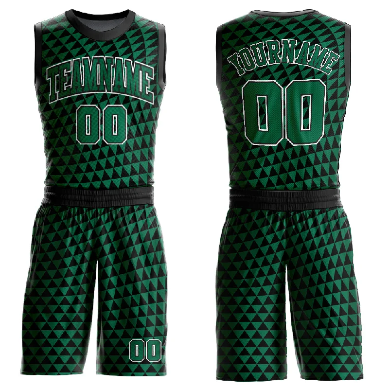 Basketball Jersey for College Teams-Custom Kelly Green White-Black Triangle Shapes Round Neck Sublimation Basketball Suit Jersey