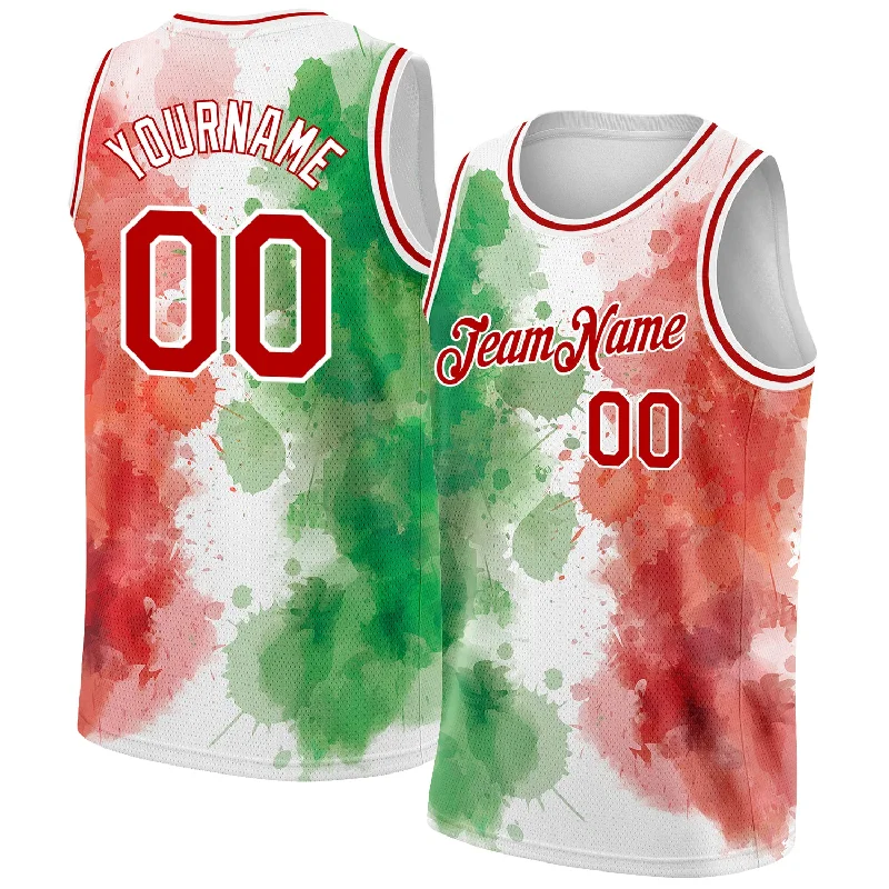 High-End Basketball Jersey-Custom Kelly Green Red-White 3D Mexico Watercolored Splashes Grunge Design Authentic Basketball Jersey