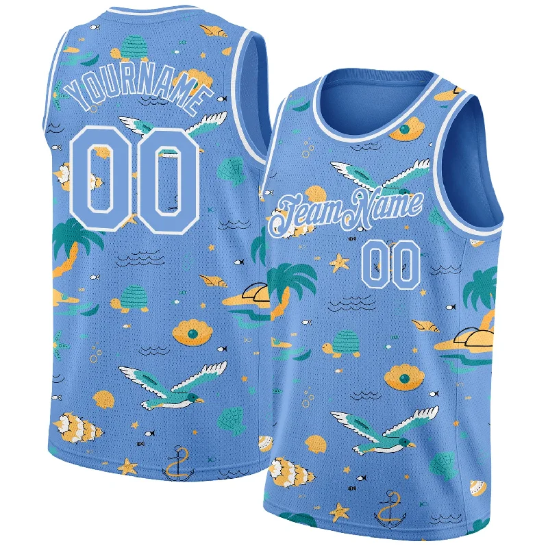 Custom Basketball Jersey with Club Logo-Custom Light Blue White 3D Pattern Hawaii Beach Palm Trees Authentic Basketball Jersey