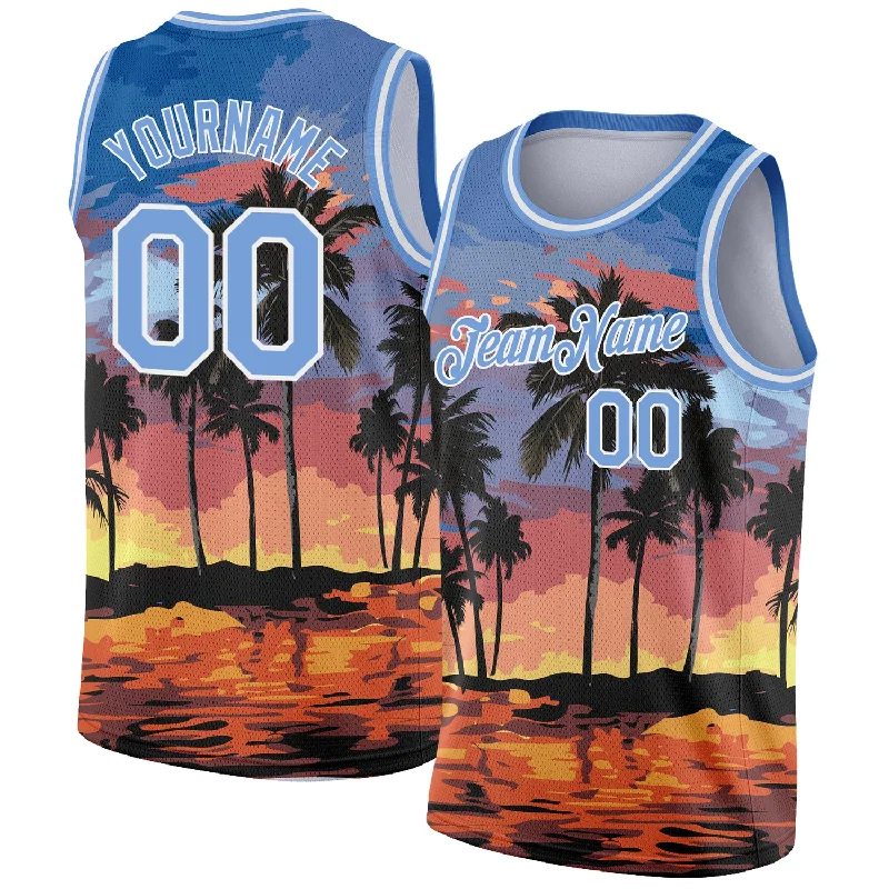 Basketball Jersey for Home Games-Custom Light Blue White 3D Pattern Tropical Hawaii Palm Trees Authentic Basketball Jersey