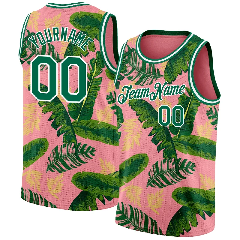 Basketball Jersey with Player Customization-Custom Medium Pink Kelly Green-White 3D Pattern Tropical Hawaii Leaves Authentic Basketball Jersey