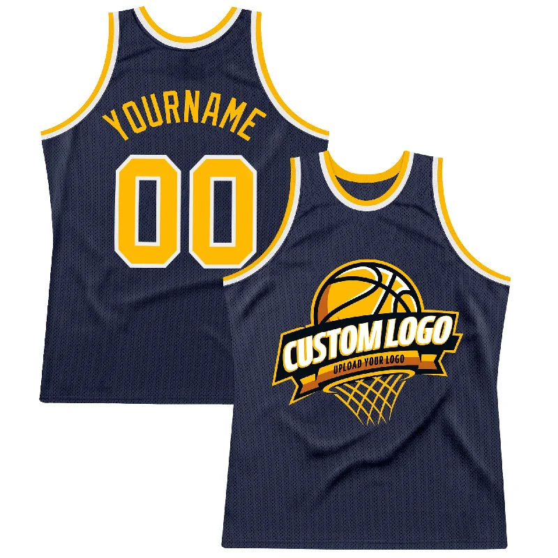 Basketball Jersey for Spring Games-Custom Navy Gold-White Authentic Throwback Basketball Jersey