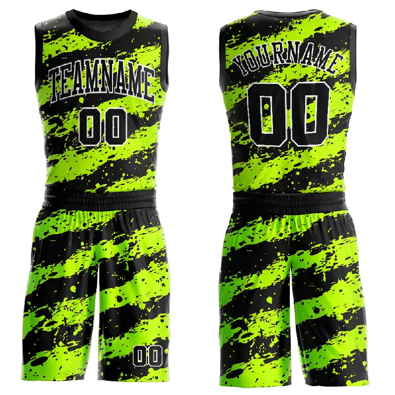 Basketball Jersey for Community Events-Custom Neon Green Black-White Round Neck Sublimation Basketball Suit Jersey