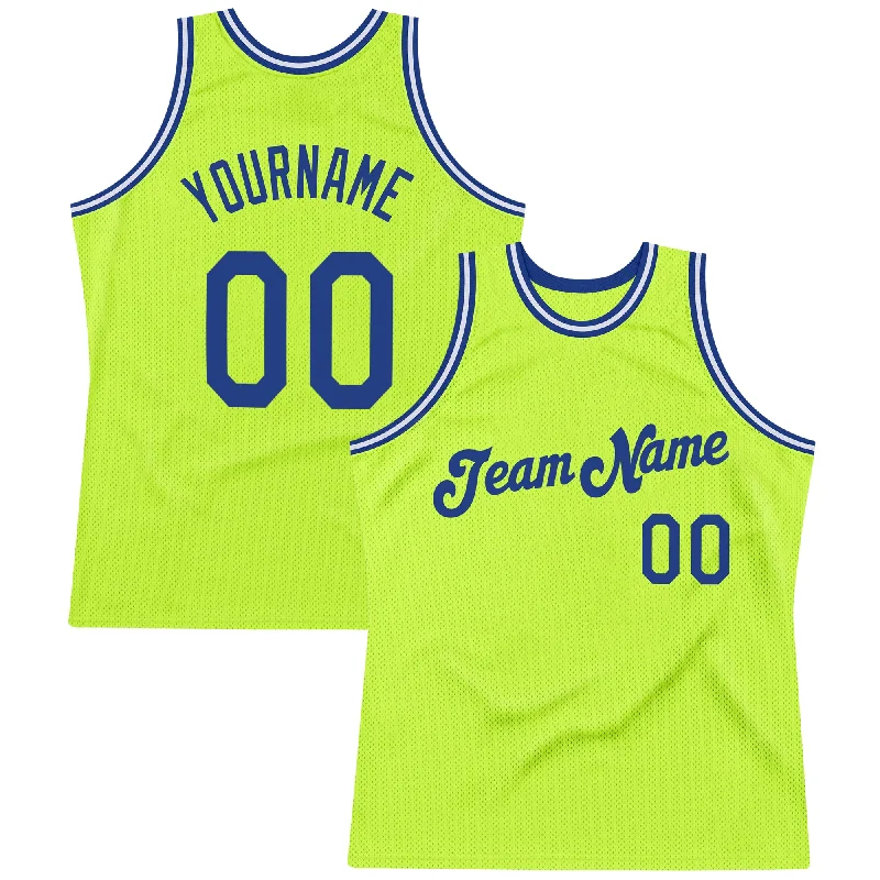 Basketball Jersey for Basketball Fans-Custom Neon Green Royal-White Authentic Throwback Basketball Jersey