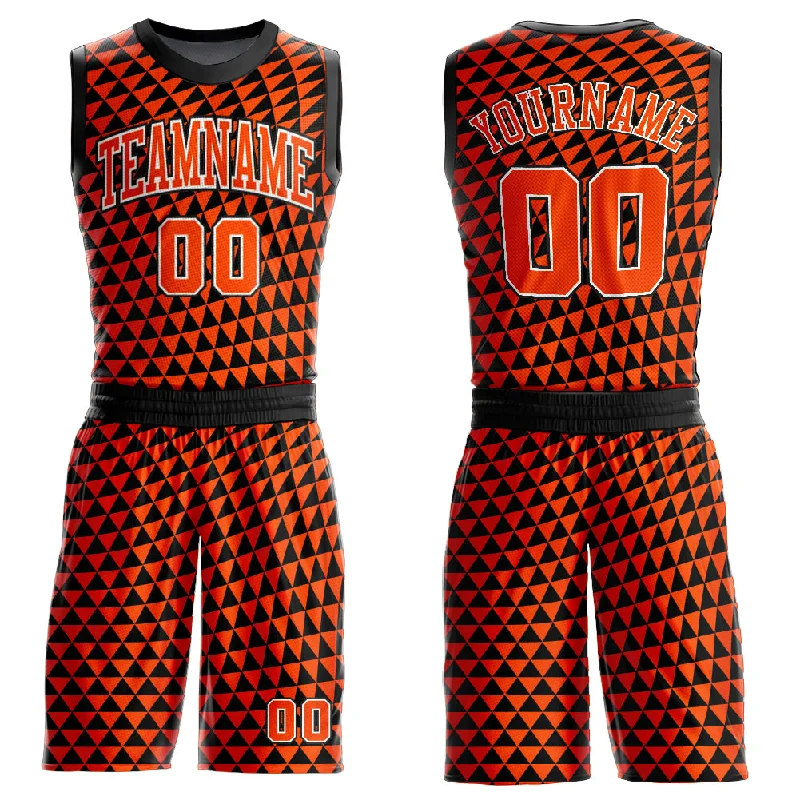 Basketball Jersey with Mesh Design-Custom Orange White-Black Triangle Shapes Round Neck Sublimation Basketball Suit Jersey