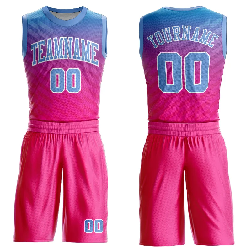 Basketball Jersey with Mesh Design-Custom Pink Light Blue-White Round Neck Sublimation Basketball Suit Jersey