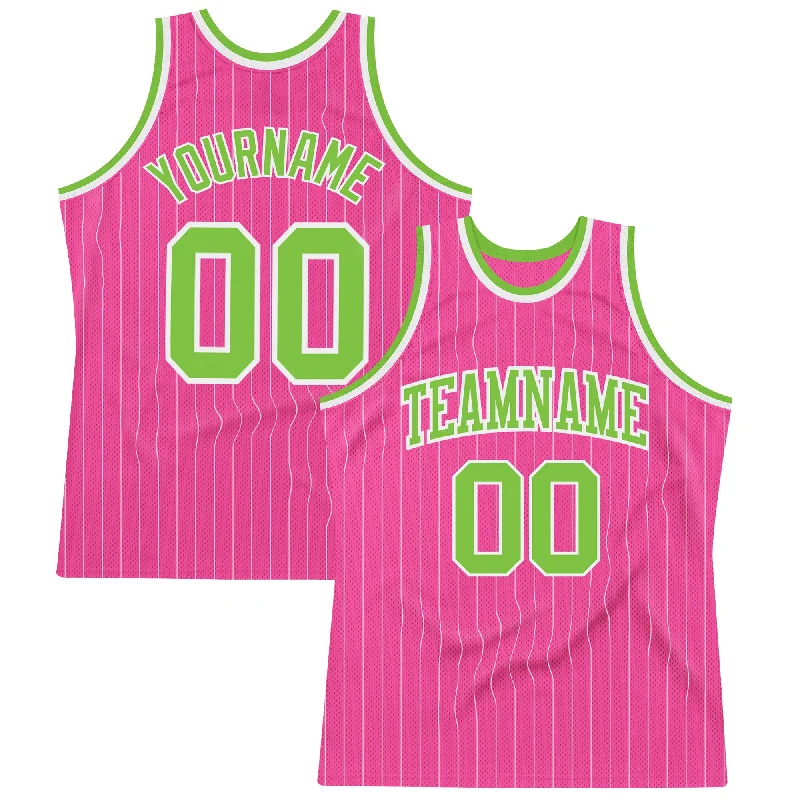 Basketball Jersey for Customized Logo-Custom Pink White Pinstripe Neon Green-White Authentic Basketball Jersey