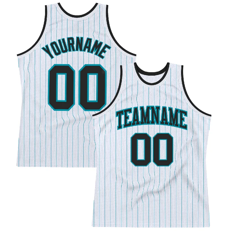 Basketball Jersey with Multi-color Design-Custom White Teal Pinstripe Black Authentic Basketball Jersey