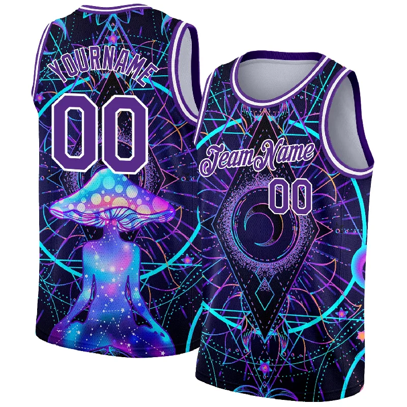 Basketball Jersey with Team Number-Custom Purple White 3D Pattern Design Magic Mushrooms Over Sacred Geometry Psychedelic Hallucination Authentic Basketball Jersey