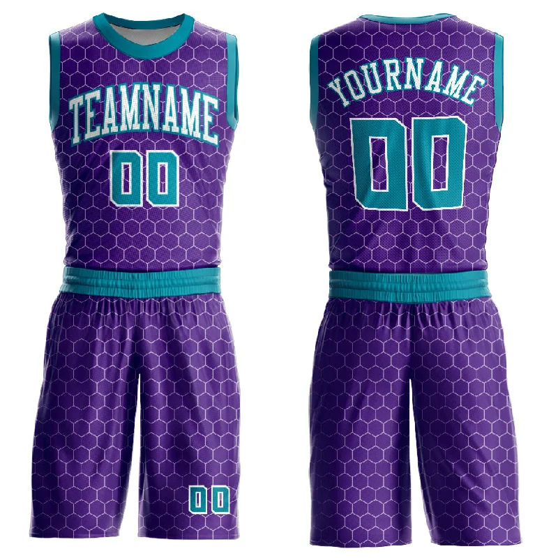 Basketball Jersey with Ribbed Collar-Custom Purple Teal-White Round Neck Sublimation Basketball Suit Jersey