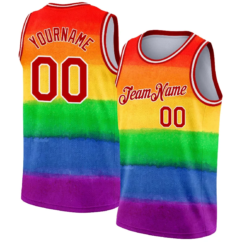 Basketball Jersey with Artistic Print-Custom Red White 3D Pattern Design Rainbow For Pride Month Love Is Love LGBT Authentic Basketball Jersey