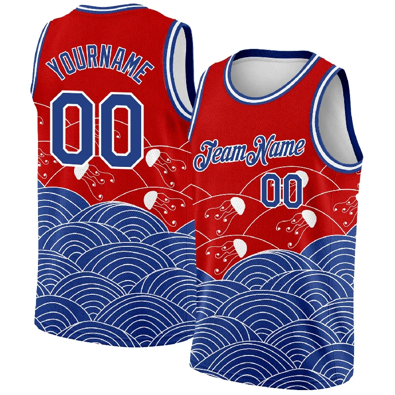 Basketball Jersey for Coaches-Custom Red Royal-White 3D Pattern Design Jellyfish Authentic Basketball Jersey