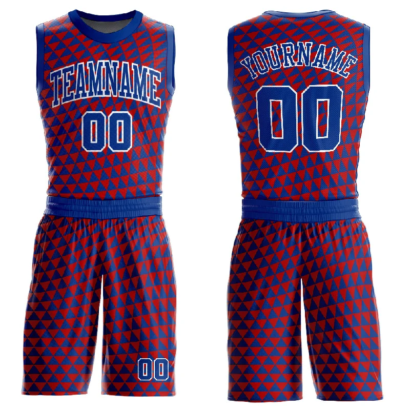 Custom Basketball Jersey for Fans-Custom Red Royal-White Triangle Shapes Round Neck Sublimation Basketball Suit Jersey