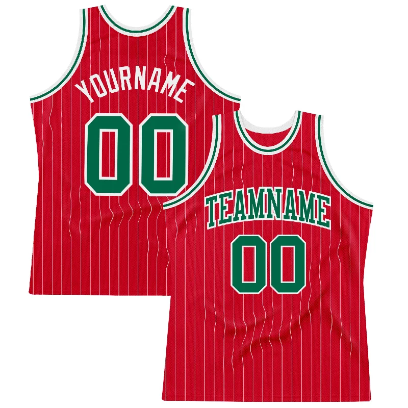 Basketball Jersey with Player Number-Custom Red White Pinstripe Kelly Green-White Authentic Basketball Jersey