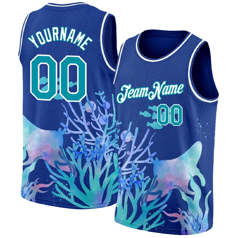 Basketball Jersey for Children-Custom Royal Aqua-White 3D Pattern Design Ocean World Authentic Basketball Jersey