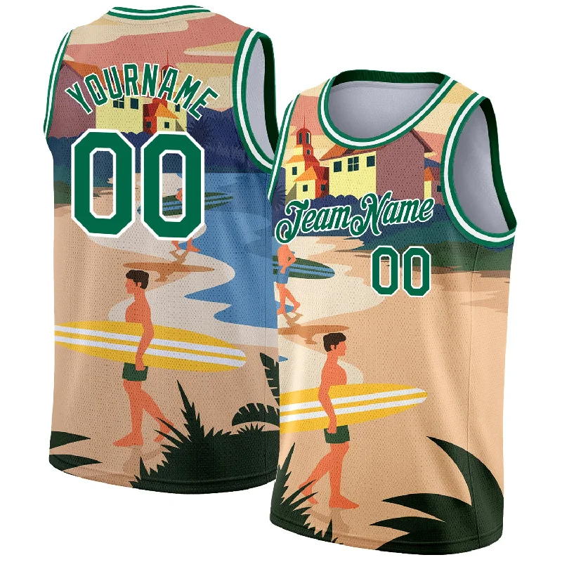 Basketball Jersey with Bold Design-Custom Sand Kelly Green-White 3D Pattern Tropical Beach Hawaii Palm Trees Authentic Basketball Jersey