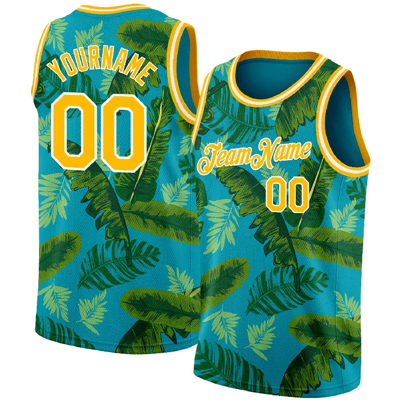 Basketball Jersey for All Ages-Custom Teal Gold-White 3D Pattern Tropical Hawaii Leaves Authentic Basketball Jersey