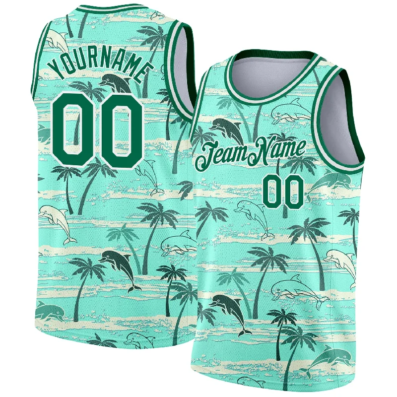 Basketball Jersey with Team Banner-Custom Teal Kelly Green-White 3D Pattern Tropical Hawaii Palm Trees Authentic Basketball Jersey