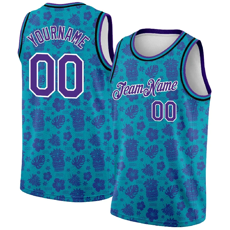 Basketball Jersey with Modern Design-Custom Teal Purple-White 3D Pattern Hawaii Palm Trees Authentic Basketball Jersey