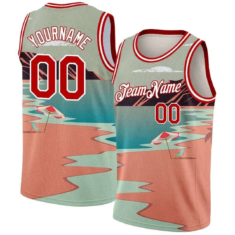 Personalized Kids Basketball Jersey-Custom Teal Red-White 3D Pattern Tropical Beach Hawaii Palm Trees Authentic Basketball Jersey