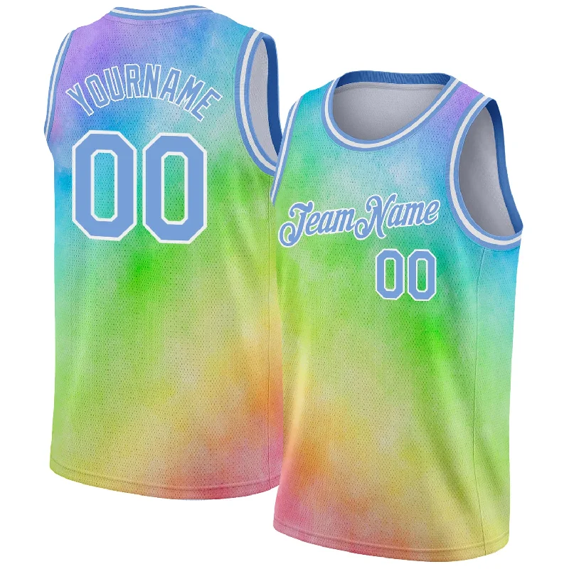 Basketball Jersey with Cool Designs-Custom Tie Dye Light Blue-White 3D Rainbow Authentic Basketball Jersey