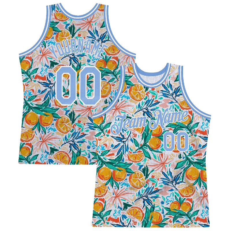 Basketball Jersey with Cool Design-Custom White Light Blue-White 3D Pattern Design Oranges Authentic Basketball Jersey