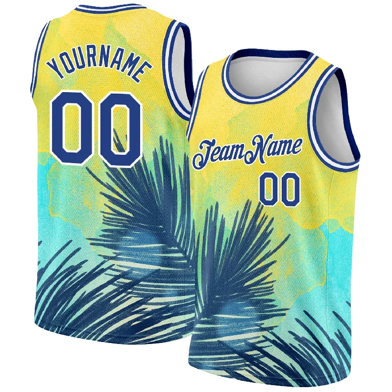 Basketball Jersey with Color Block-Custom Yellow Royal-White 3D Pattern Tropical Hawaii Leaves Authentic Basketball Jersey