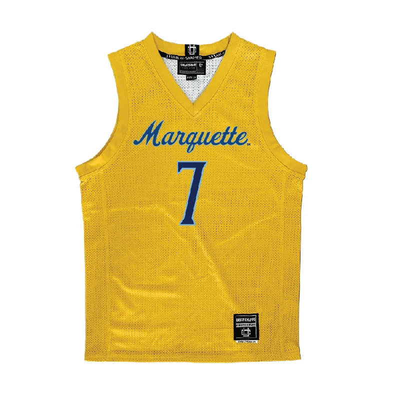 Basketball Jersey with Striped Sleeves-Gold Marquette Women's Basketball Jersey - Bridget Utberg