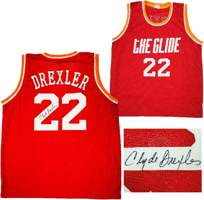 Custom Basketball Jersey-Houston Rockets Clyde Drexler Autographed Red Jersey The Glide JSA Stock #202350