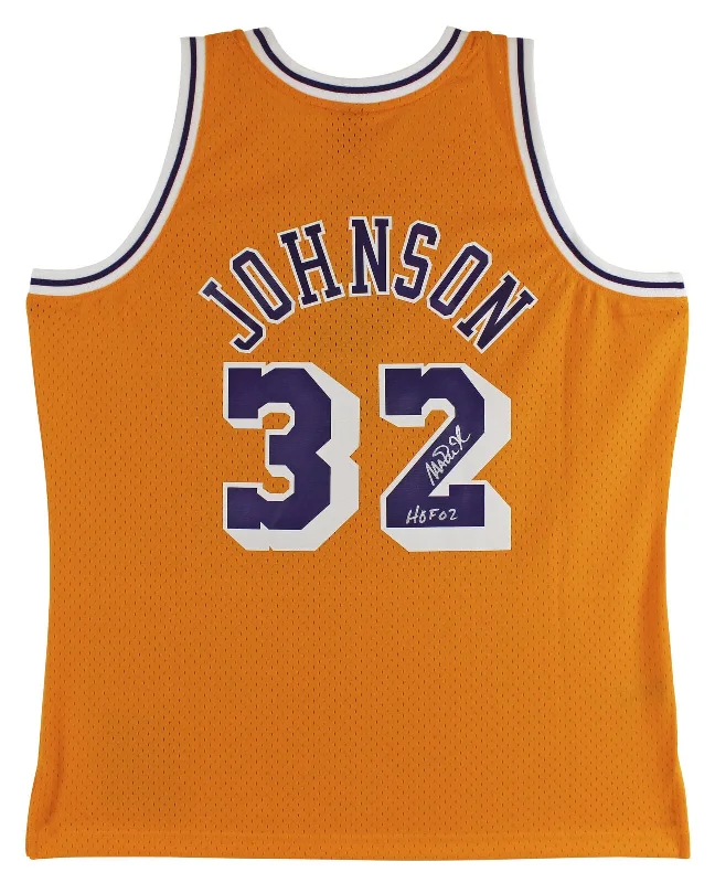 High-End Basketball Jersey-Lakers Magic Johnson "HOF 02" Signed Yellow M&N HWC Swingman Jersey BAS Witness