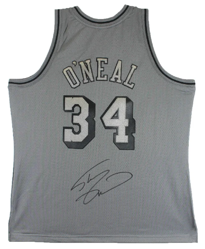 Basketball Jersey with Bold Graphics-Lakers Shaquille O'Neal Signed Charcoal Grey M&N HWC Swingman Jersey BAS Witness