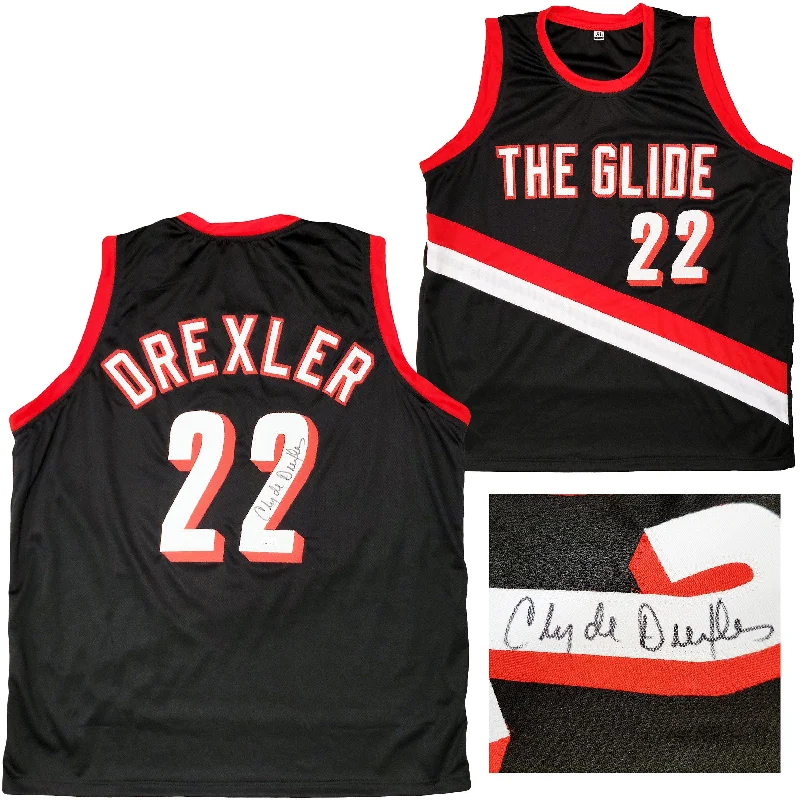 Basketball Jersey with Vintage Style-Portland Trailblazers Clyde Drexler Autographed Black Jersey The Glide JSA Stock #202352